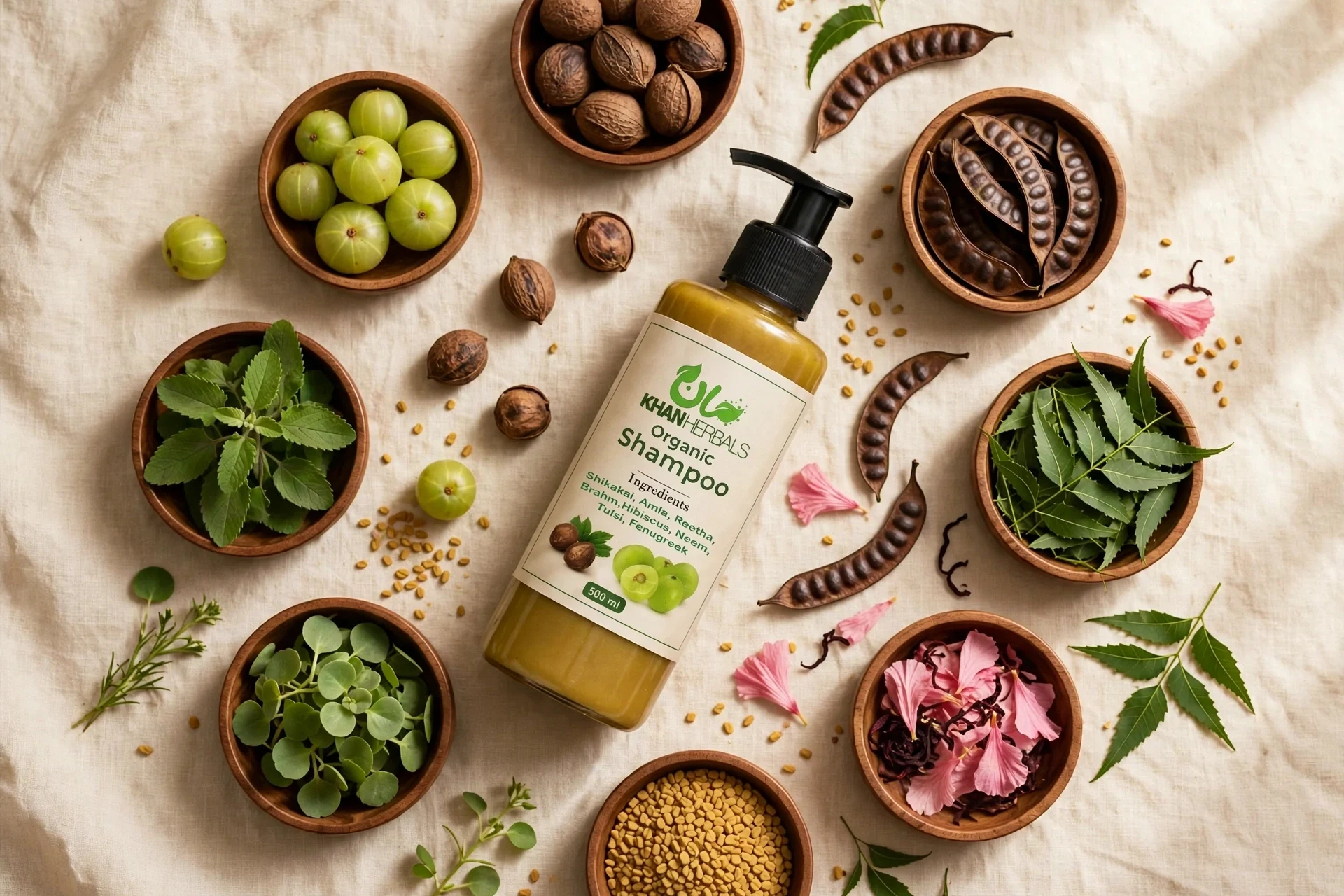 Khanherbals Organic Shampoo surrounded by its eight herbal ingredients in wooden bowls