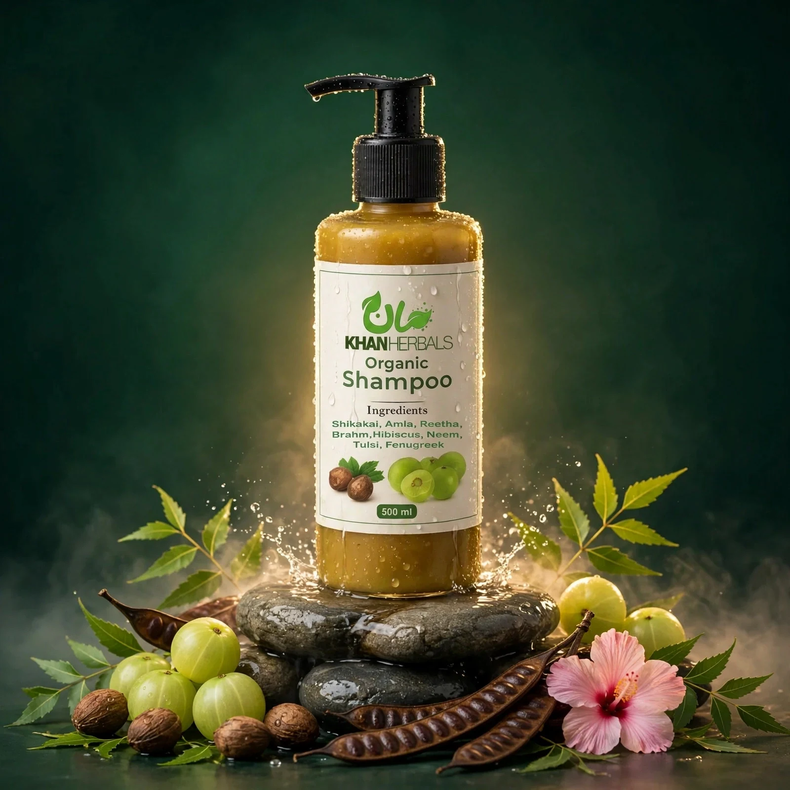 Khanherbals Organic Shampoo Signature bottle on wet stones with fresh amla, reetha and hibiscus