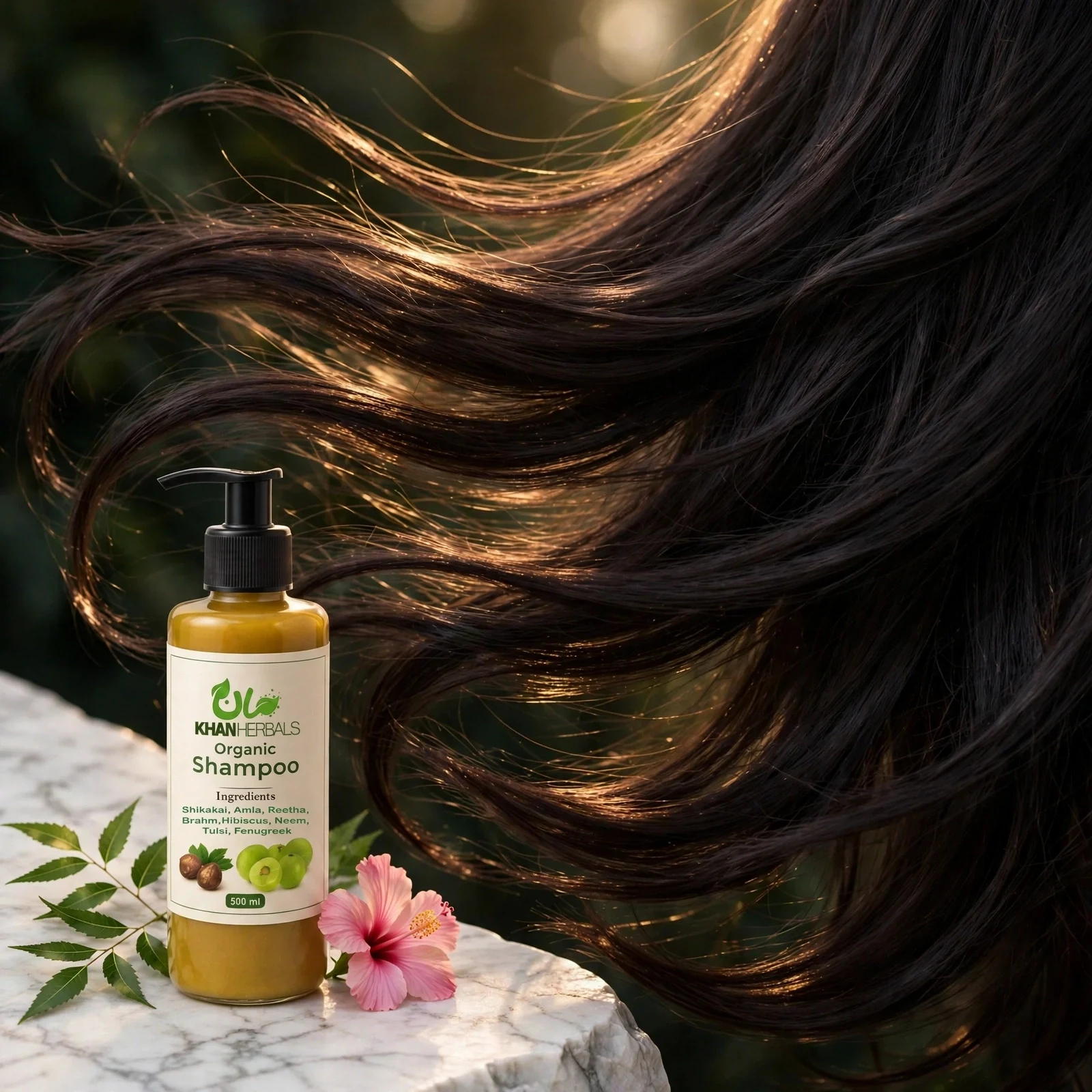 Woman with long glossy healthy hair, Khanherbals Organic Shampoo bottle on the counter