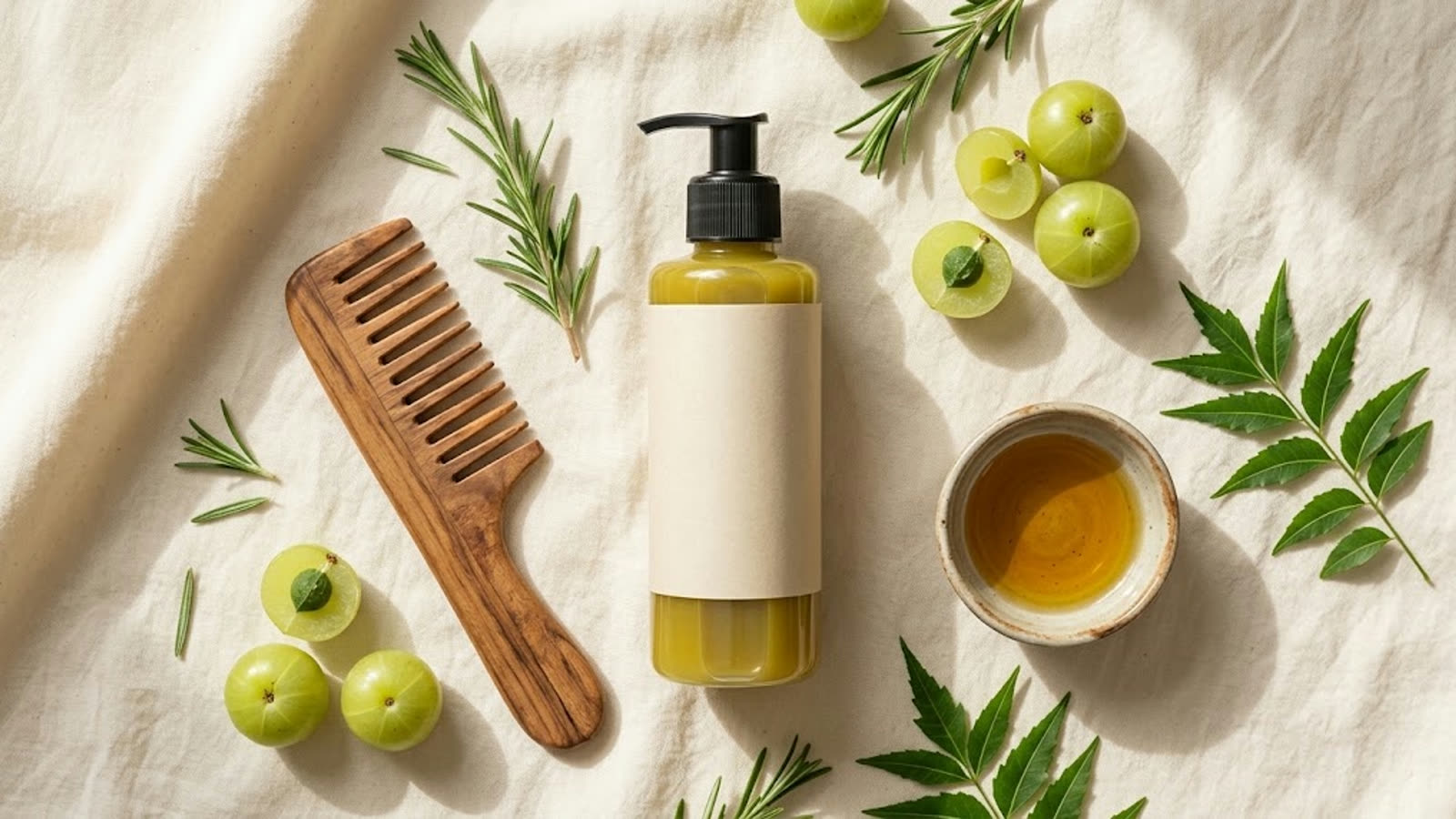 Herbal haircare ritual flat-lay with KhanHerbals organic shampoo, wooden comb and herbs