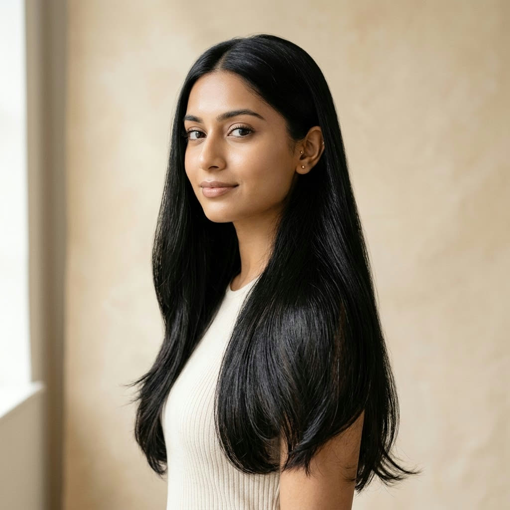 Straight Hair — natural black hair, editorial studio portrait